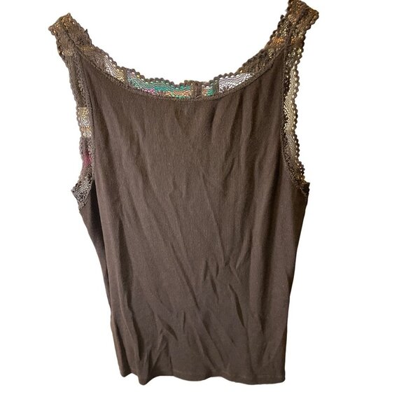 Chico's Brown Ribbed Lacy Detail Scoop Neck Pullover Tank Top Sz L - Picture 2 of 8